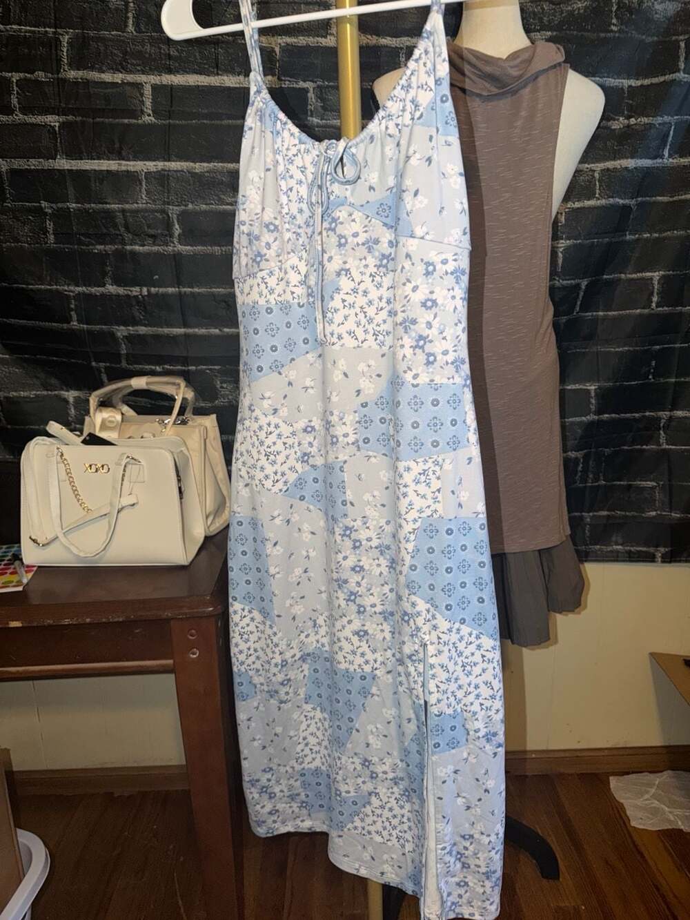 Hollister Blue Patchwork Floral Split Front Midi Dress Size S